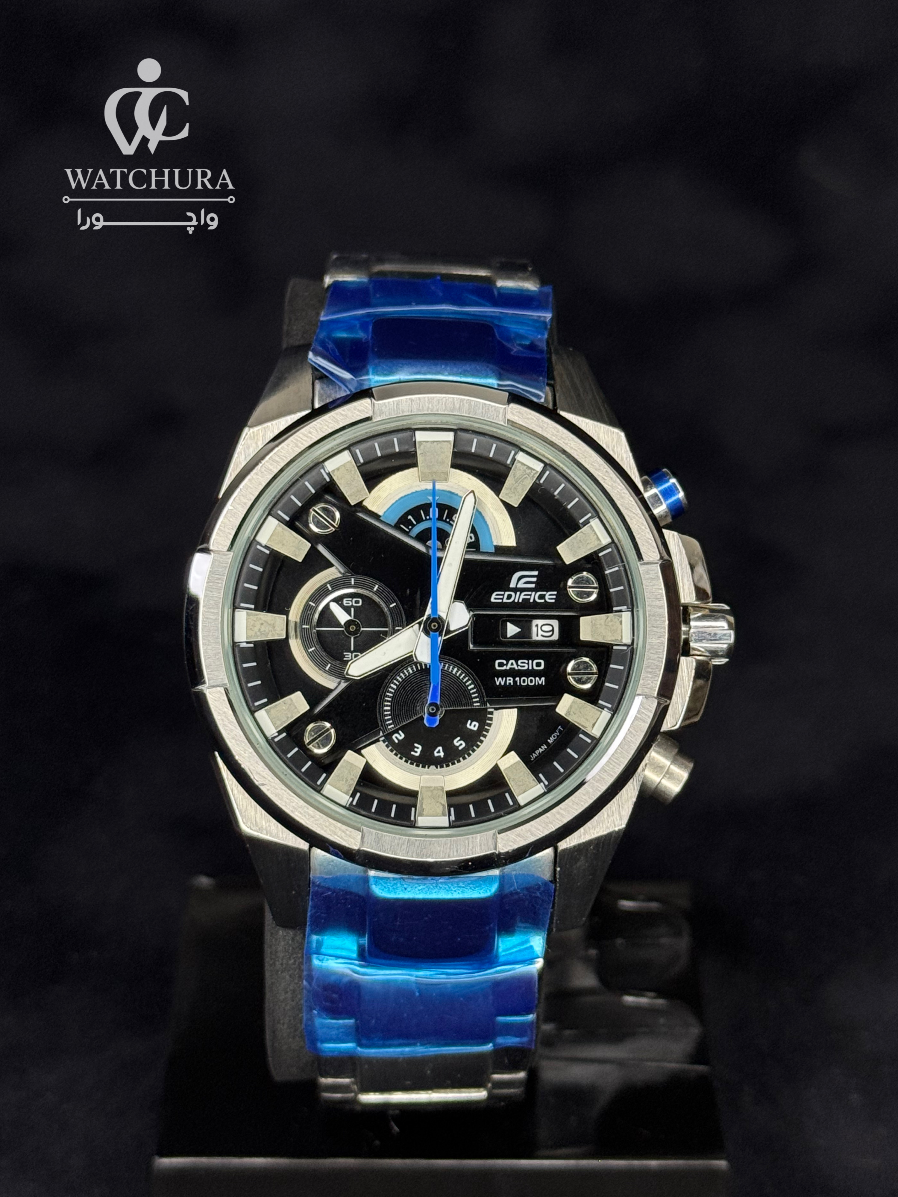 ساعت مچی مردانه کاسیو ادیفایس کرنوگراف استیل صفحه مشکی با جزئیات آبی