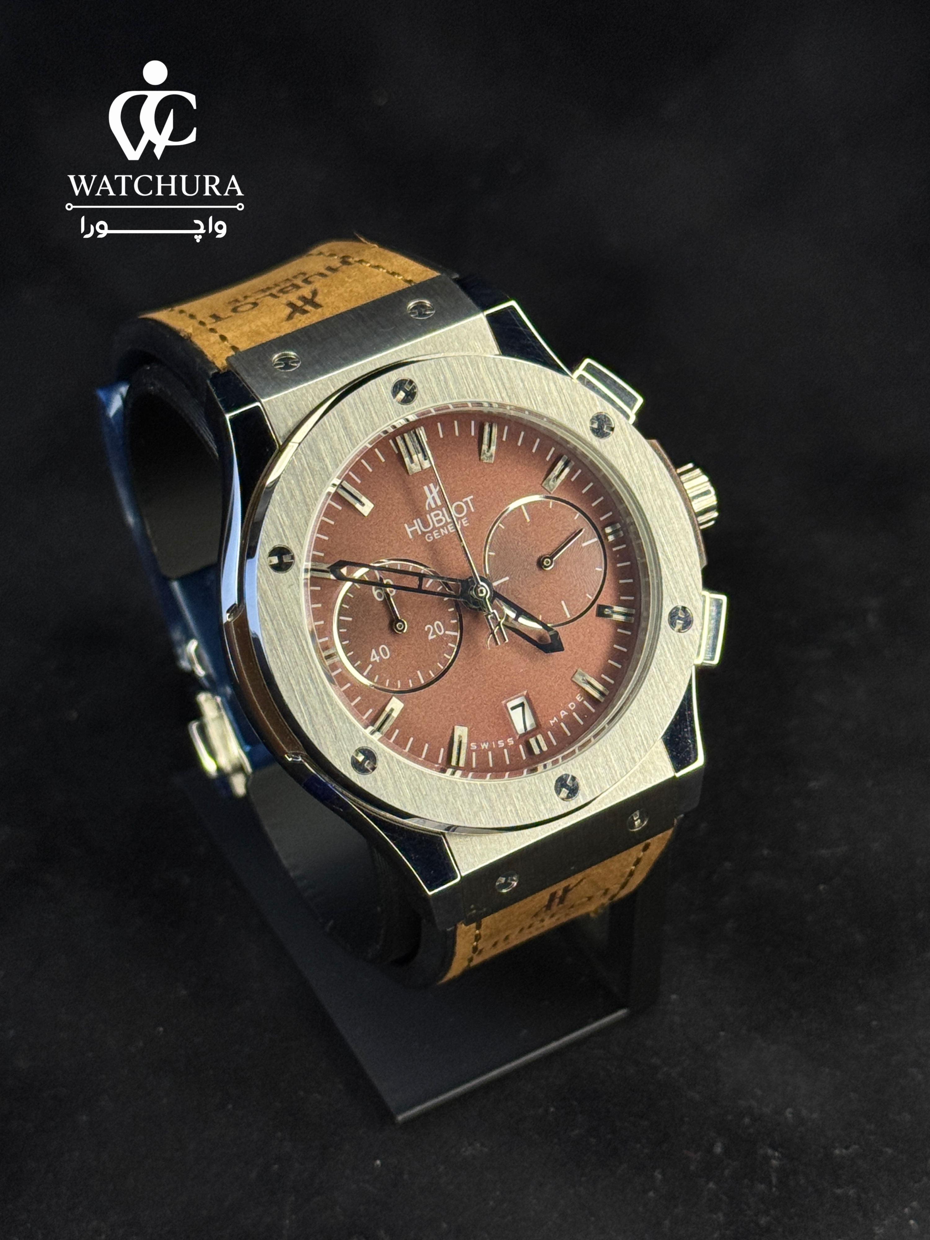 ساعت مچی Hublot Geneve Chronograph | صفحه قهوه‌ای و بند چرمی جیر