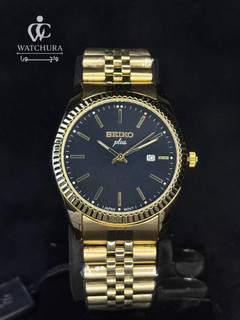 ساعت مچی مردانه سیکو پلاس (Seiko Plus) کوارتز تمام طلایی - قاب کنگرهدار و صفحه مشکی