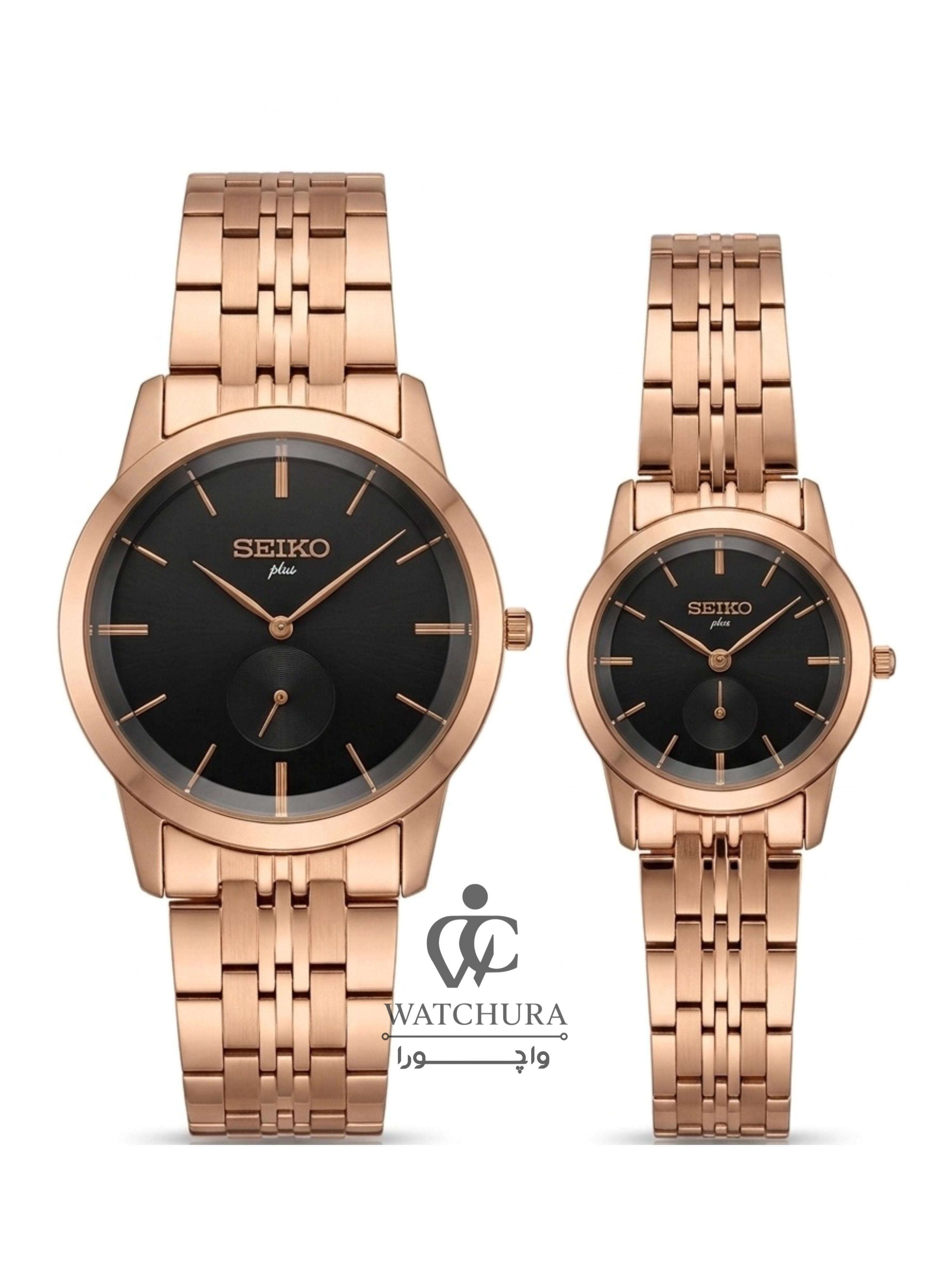 ست ساعت مچی سیکو پلاس کوارتز - تمام رزگلد صفحه مشکی - Seiko Plus