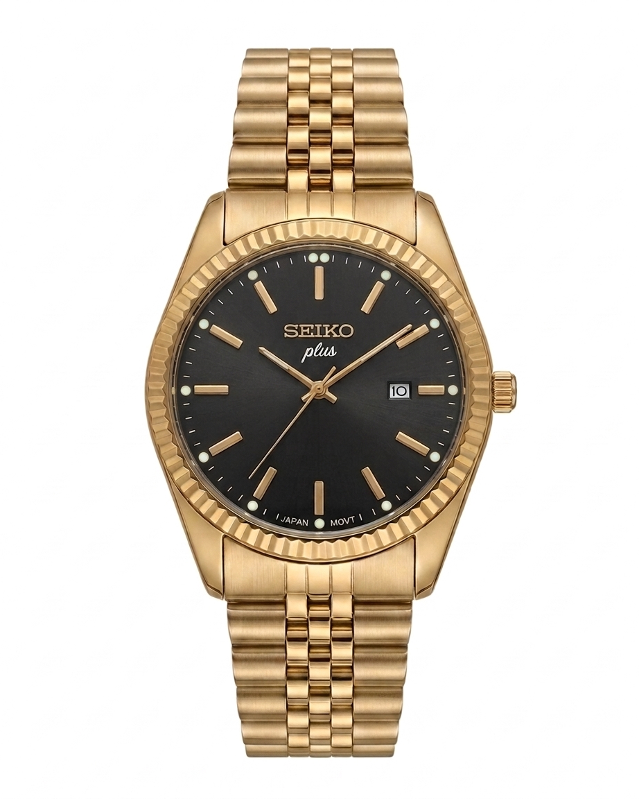 ساعت مچی مردانه سیکو پلاس (Seiko Plus) کوارتز تمام طلایی - قاب کنگره‌دار و صفحه مشکی
