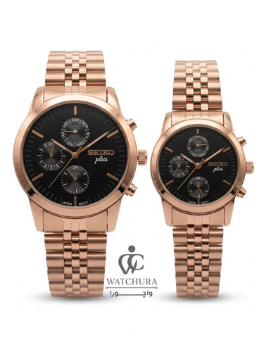 ساعت مچی سیکو پلاس کرنوگراف - رزگلد با صفحه مشکی - Seiko Plus