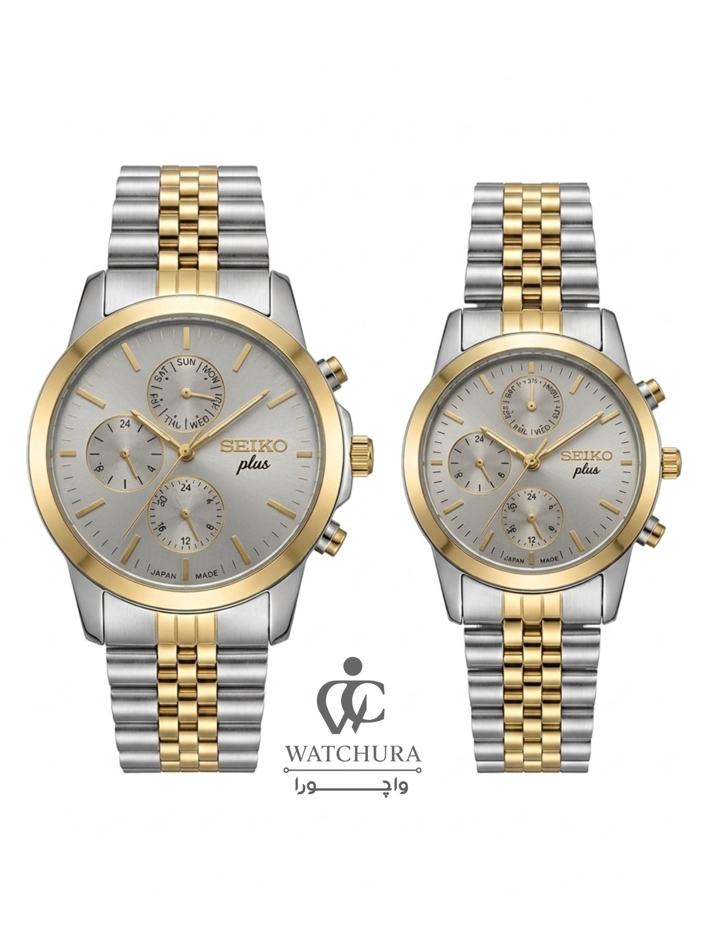 ساعت مچی سیکو پلاس کرنوگراف - سیلور-طلایی با صفحه طوسی - Seiko Plus