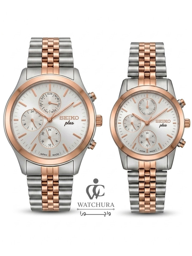 ساعت مچی سیکو پلاس کرنوگراف - سیلور-رزگلد با صفحه سیلور - Seiko Plus
