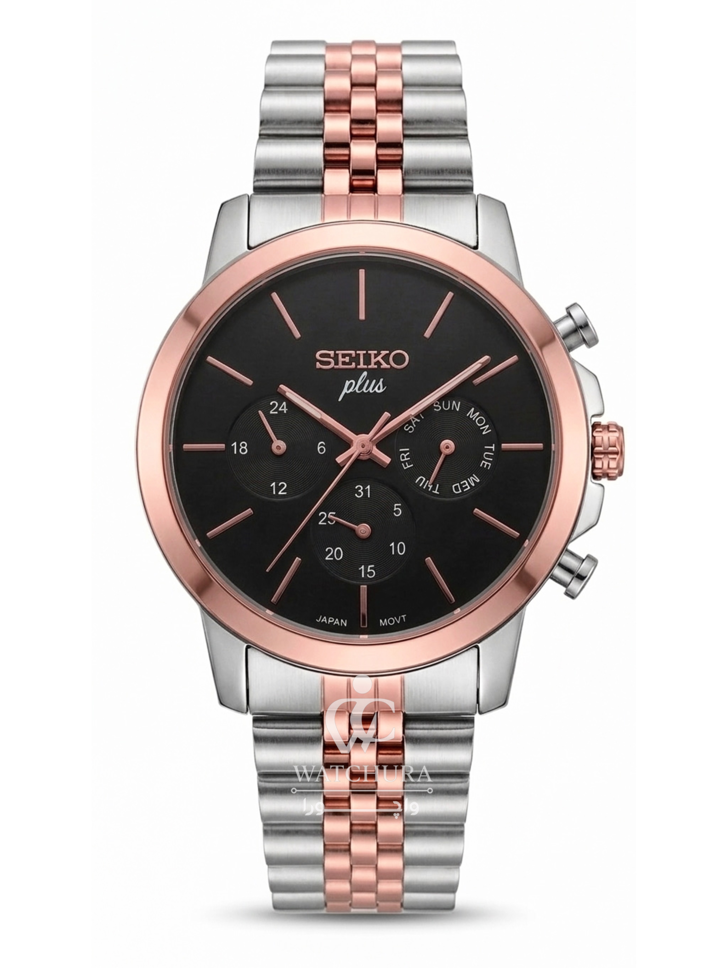 ساعت مچی مردانه سیکو پلاس کرنوگراف دو رنگ سیلور-رزگلد صفحه مشکی - Seiko Plus